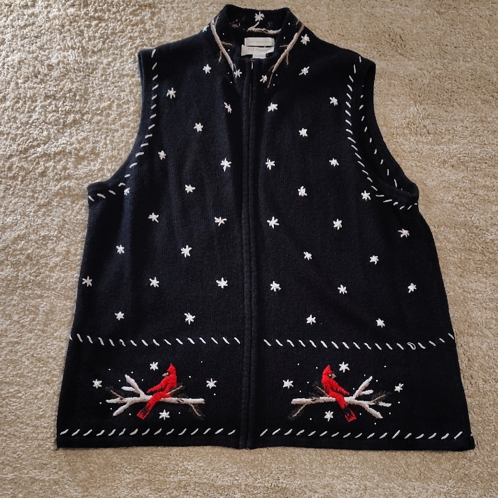 CJ BANKS Women's Black Zip-Front Vest with Red Cardinal Hand Embroidery Size 1X